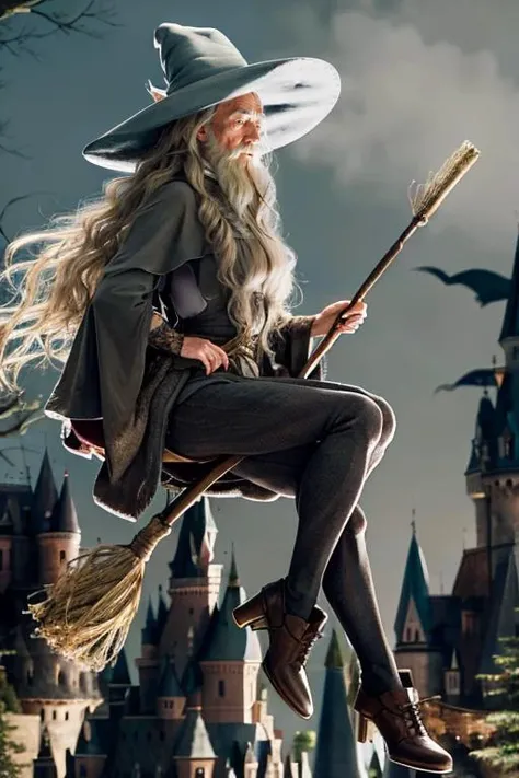 (riding broom), 1 old man, long blonde hair, outdoor, flying, (from side), (from top), ((witch riding on broom)), trees and castle in bottom, broom between legs, <lora:Gandalf-000064:1> Gandalf,