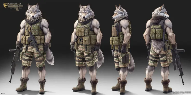 a character turnaround of (a furry wolf load military vest and hold a gun),(front view of the same character in the same outfit, back view of the same character in the same outfit, side view of the same character in the same outfit),
((character sheet)),(model sheet),(reference sheet:1.2)
absurdres, (realistic:1.5), (masterpiece, Extremely detailed CG unity 8k wallpaper, best quality, highres:1.2), (ultra_detailed, UHD:1.2), perfect illumination, unreal engine, sidelighting, (dark background:1.4),(full body:1.4),
(Wolf:1.3), (tabby Wolf:1.2), (grey Wolf:1.2), (no humans:1.2), (furry:1.4), animal focus, animal, solo, standing, weapon, gun, rifle, assault rifle, gloves, holding, holding weapon, holding gun, military, whiskers, load bearing vest, pouch, holster, camouflage, bag, scarf, blurry background