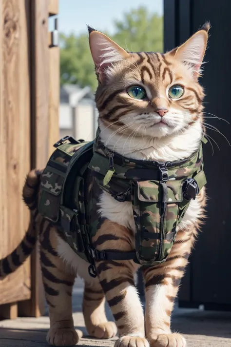 absurdres, (realistic:1.5), (masterpiece, Extremely detailed CG unity 8k wallpaper, best quality, highres:1.2), (ultra_detailed, UHD:1.2), perfect illumination, unreal engine, sidelighting, (dark background:1.4),
(tabby cat:1.4), (cat:1.3), (no humans:1.2), (furry:1.1), animal, solo, standing, weapon, gun, rifle, assault rifle, gloves, holding, holding weapon, holding gun, military, whiskers, load bearing vest, pouch, holster, camouflage, bag, blurry background