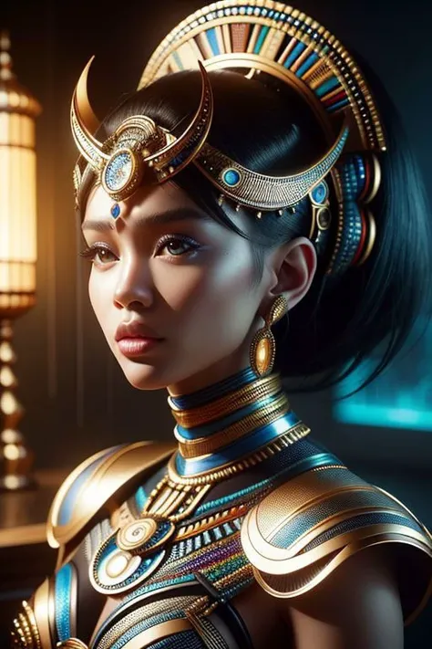 Breathtaking hyper-realistic portrait of a young Japanese girl, by Ian McQue and Loish, upper body, raven-black hair, piercing black eyes, stunning fantasy outfit inspired by Ghana and Senegal cultures, intricate patterns, modern neon-lit cityscape background, soft focus, warm lighting, afternoon sun, Nikon D850,  2.0, 35 mm, 8k, high-quality print, delicate features, detailed textures, subtle expression, onyx accents, African-inspired jewelry, futuristic glowing accents, subtle wind-blown hair, subtle dark shading to enhance features.