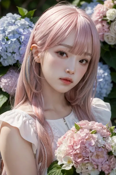 choiyena,
woman, closed mouth, Nikon RAW photo,8 k,Fujifilm XT3,(long hair), (pink hair:1.4), frontal, upper body, portrait:1.2, closeup:1.2,
realistic, (natural skin texture, hyperrealism, soft light, sharp:1.2), masterpiece, best quality, realistic, photorealistic,ultra detailed,perfect lighting,
(white dress:1.2), blue sky, surrounded by flowers, hydrangeas
<lora:choiyena:1><lora:add_detail:0.5>