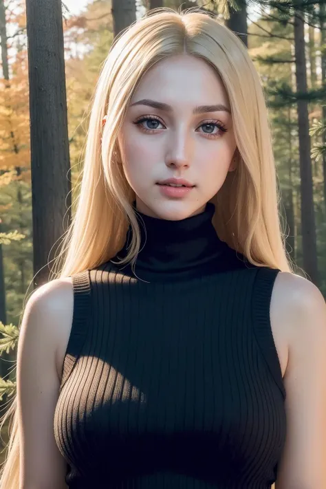 1girl, (DEN_skylor_voxeMK2:1.1), (wearing a sleeveless turtleneck sweater:1.2),(RAW photo, best quality), (realistic, photo-realistic:1.4), masterpiece, an extremely delicate and beautiful, extremely detailed, 2k wallpaper, Amazing, finely detail, extremely detailed CG unity 8k wallpaper, ultra-detailed, highres, soft light, beautiful detailed girl, extremely detailed eyes and face, beautiful detailed nose, beautiful detailed eyes,cinematic lighting,in a beautiful forest of pine trees at a Japanese countryside,autumn scenery,maple trees in autumn,by a small rocky river,perfect anatomy,slender body,smiling