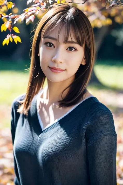 1girl,(wearing a cardigan and blouse:1.2),(RAW photo, best quality), (realistic, photo-realistic:1.4), masterpiece, an extremely delicate and beautiful, extremely detailed, 2k wallpaper, Amazing, finely detail, extremely detailed CG unity 8k wallpaper, ultra-detailed, highres, soft light, beautiful detailed girl, extremely detailed eyes and face, beautiful detailed nose, beautiful detailed eyes,cinematic lighting,(in a beautiful forest of pine trees at a Japanese countryside),(autumn scenery:1.3),(maple trees in autumn),(by a small rocky river),(morning light),perfect anatomy,slender body,smiling, <lora:higashimuramei_lora:0.8>,short hair