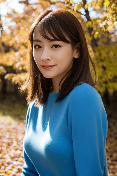 1girl,(wearing autumn outfit:1.2),(RAW photo, best quality), (realistic, photo-realistic:1.4), masterpiece, an extremely delicate and beautiful, extremely detailed, 2k wallpaper, Amazing, finely detail, extremely detailed CG unity 8k wallpaper, ultra-detailed, highres, soft light, beautiful detailed girl, extremely detailed eyes and face, beautiful detailed nose, beautiful detailed eyes,cinematic lighting,autumn scenery,perfect anatomy,slender body,smiling,(hair with bangs), <lora:fukuokaminami_lora:0.8>