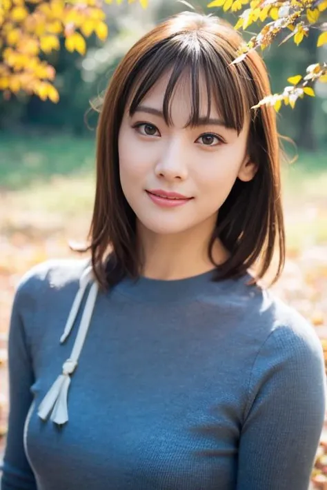 1girl,(wearing autumn outfit:1.2),(RAW photo, best quality), (realistic, photo-realistic:1.4), masterpiece, an extremely delicate and beautiful, extremely detailed, 2k wallpaper, Amazing, finely detail, extremely detailed CG unity 8k wallpaper, ultra-detailed, highres, soft light, beautiful detailed girl, extremely detailed eyes and face, beautiful detailed nose, beautiful detailed eyes,cinematic lighting,autumn scenery,perfect anatomy,slender body,smiling,(hair with bangs), <lora:fukuokaminami_lora:0.8>