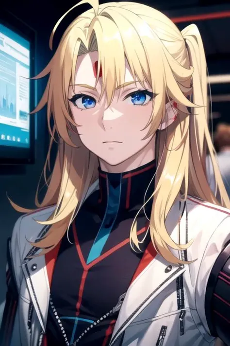 masterpiece, best quality, photorealistic, 1boy, solo, male focus, looking at viewer, upper body, depth of field, , , <lora:ouriku_reikenzan:0.68>, ouriku_reikenzan, blonde hair, blue eyes, long hair, , science fiction cyber-horror,