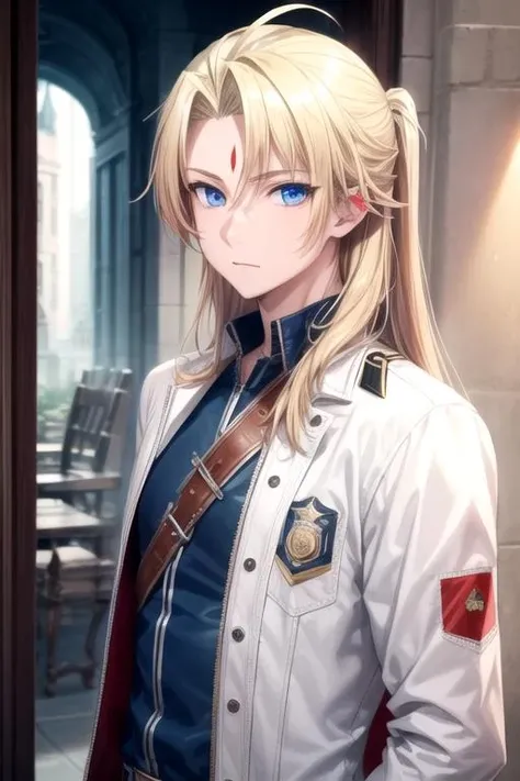 masterpiece, best quality, illustration, 1boy, solo, male focus, looking at viewer, upper body, depth of field, , , <lora:ouriku_reikenzan:0.66>, ouriku_reikenzan, blonde hair, blue eyes, long hair, cop costume, science fiction western,