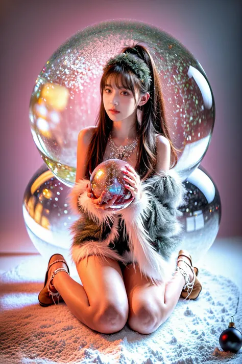 ((A woman in a Crystal Ball)),(tree is dusted with snow),(Christmas),(Christmas decoration),Christmas crystal ball,<lora:shendan:1>,(((full body))),absurdres,seductive pose,<lora:add_detail:1>,christmas suit,cropped shoulder,asymmetric bangs,twin tails,<lora:MengX girl_Mix_V40:0.8>,blush,slim legs,bare legs,kneeling,