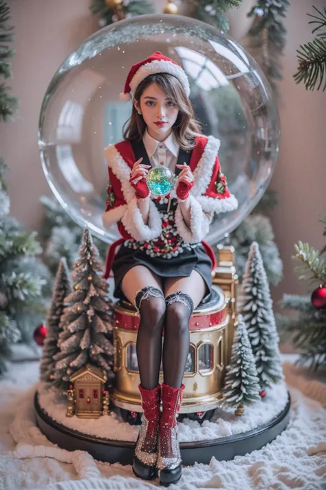 highres,8k,absurdres,seductive pose,1girl,slender body,black thighhighs,red fur-trimmed capelet,suspenders,christmas,red fur-trimmed gloves,high heels,
(A woman in a Crystal Ball),(tree is dusted with snow),(a train car with flowers on it),(Christmas),Christmas crystal ball,<lora:shendan:0.7>,