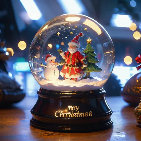 Best quality,masterpiece,ultra high res,<lora:shendan:0.7>,
no humans,christmas tree,christmas,snowman,blurry,cup,blurry background,star (symbol),hat,merry christmas,santa hat,english text,ribbon,christmas ornaments,gift,indoors,