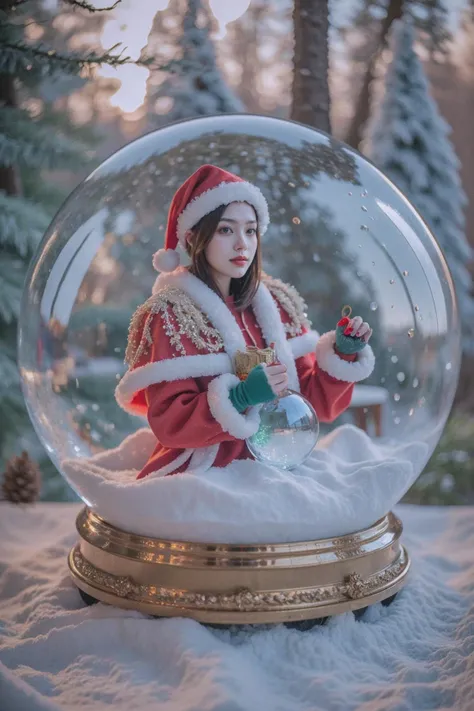 <lora:snow_globe:0.7>, snow globe, best quality, masterpiece, illustration, realistic, photo-realistic, amazing, finely detail, incredibly absurdres, huge filesize, ultra-detailed, highres, extremely detailed CG unity 8k wallpaper, ray tracing, A beautifully detailed round snow globe with a sexy Korean style anime girl inside wearing a sexy Mrs. Santa red mini dress with white fur trim that shows off her legs. Inside the snow globe with her is a miniature snow-covered gingerbread house with Christmas lights. There is also a small snowman next to a tiny Christmas tree with present underneath. White snow falls gently around them inside the crystal clear glass snow globe.