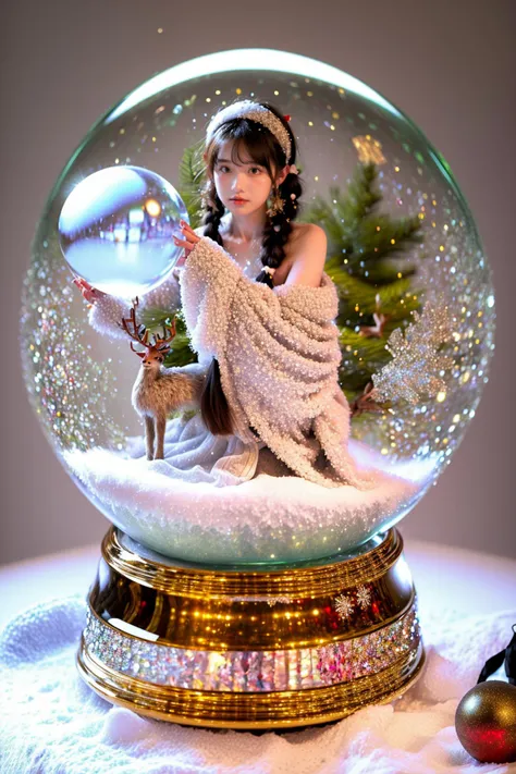 ((A woman in a Crystal Ball)),(tree is dusted with snow),(Christmas),(Christmas decoration),Christmas crystal ball,<lora:shendan:1>,(((full body))),absurdres,seductive pose,<lora:add_detail:1>,christmas suit,cropped shoulder,asymmetric bangs,twin tails,<lora:MengX girl_Mix_V40:0.8>,blush,