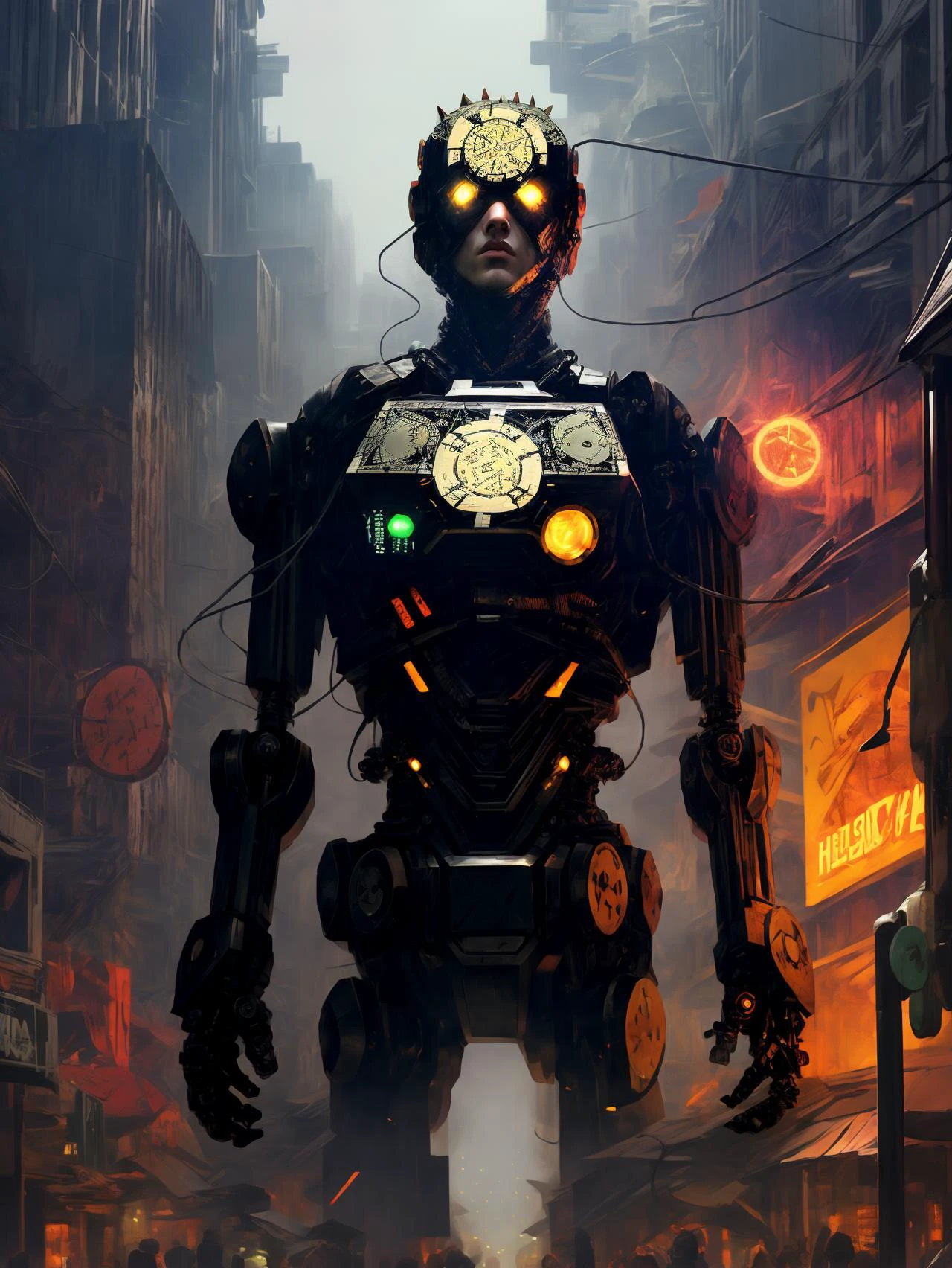 cybernetic robot (SFW:1.331), solo, hightech_robotics Pinhead (Hellraiser) with light in his eyes and dark smoke around his body, (pale white head:1.3), (neon crisscrossing fine lines on face:1.2), (many neon pins pricked the entire head), BREAK
perfect slim body, wearing (hellraiser puzzle box:1.1) necklace, stands still in a back alley, looking out to the wasteland main street with dirty neon sign, he is hoping to find the next victim,
outdoors, wasteland cyberpunk nightcity background, night time,
(unreal engine), ray tracing, dynamic light, godrays, reflections, fisheye view, from below angle, long distance shot,
hyper detailed, high quality, <lora:more_details:0.8> <lora:br_max:0.2> <lora:hellraiserpuzzlebox:1>, android, AI, machine, metal, wires, tech, futuristic, highly detailed