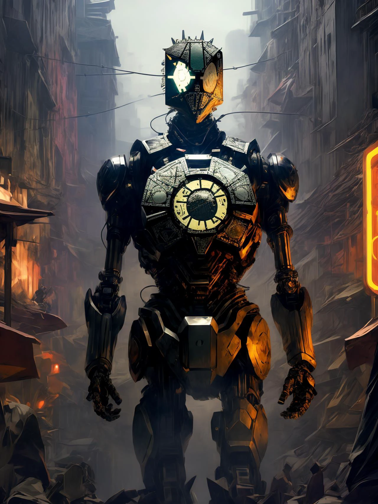 cybernetic robot (SFW:1.331), solo, hightech_robotics Pinhead (Hellraiser) with light in his eyes and dark smoke around his body, (pale white head:1.3), (neon crisscrossing fine lines on face:1.2), (many neon pins pricked the entire head:1.1), BREAK
perfect slim body, wearing (hellraiser puzzle box:1.1) necklace, stands still in a back alley, looking out to the wasteland main street with dirty neon sign, he is hoping to find the next victim,
outdoors, wasteland cyberpunk nightcity background, dark night time,
(unreal engine), ray tracing, dynamic light, godrays, reflections, fisheye view, from below angle,
hyper detailed, high quality, <lora:more_details:0.8> <lora:br_max:0.2> <lora:hellraiserpuzzlebox:1>, android, AI, machine, metal, wires, tech, futuristic, highly detailed
