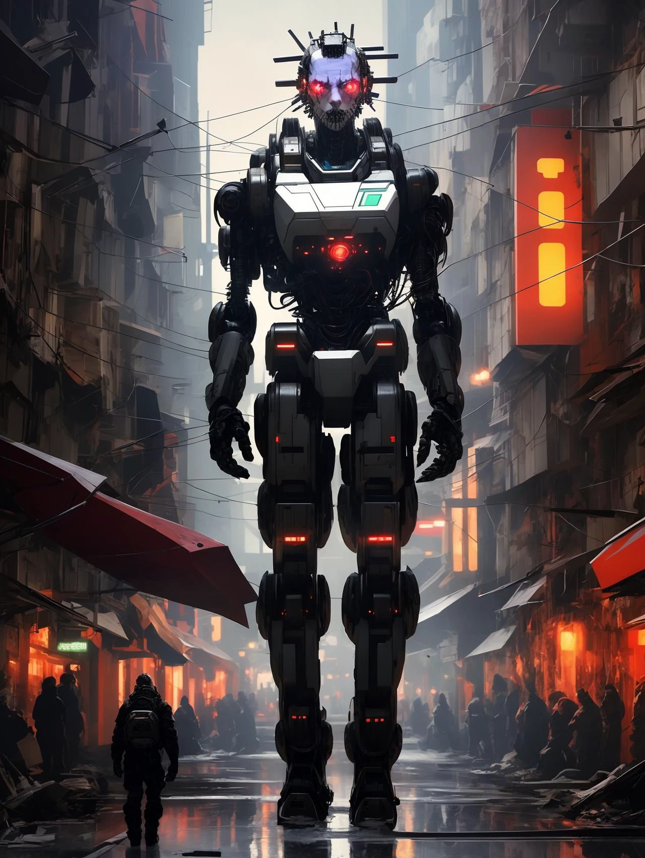 cyberpunk style, (SFW:1.331), solo, 1man, (full body:1.331), hightech_robotics Pinhead (Hellraiser) with light in his eyes and dark smoke around his body, (white head:1.3), (neon crisscrossing fine lines on face:1.2), (many neon pins pricked the entire head), BREAK
stands still in a back alley, looking out to the wasteland main street with dirty neon sign, he is hoping to find the next victim,
outdoors, wasteland cyberpunk nightcity background,
(unreal engine), ray tracing, dynamic light, godrays, reflections, fisheye view, from below angle, long distance shot,
hyper detailed, high quality, <lora:add-detail-xl:1> <lora:hightech_robotics:0.3> <lora:magik_smoke_v1.2:0.7>, neon, dystopian, futuristic, digital, vibrant, detailed, high contrast, reminiscent of cyberpunk genre