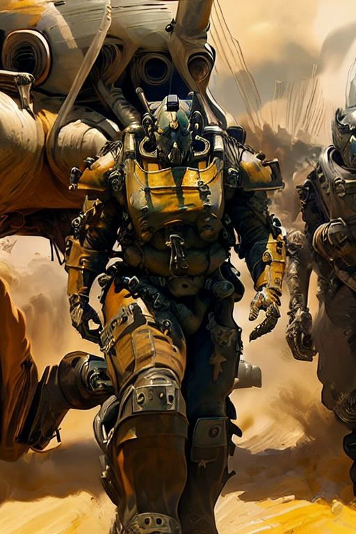 analog style, hdr, white power armor, battle damage, chipped, rust stains. holding madmax style sledgehammer. looking at viewer, walking, outside, ruins, washington dc, sunny, foggy, dull colors, sci-fi,
<lora:t60:.8> extremely detailed, wonderous ambiance, absurdres, elden ring style,