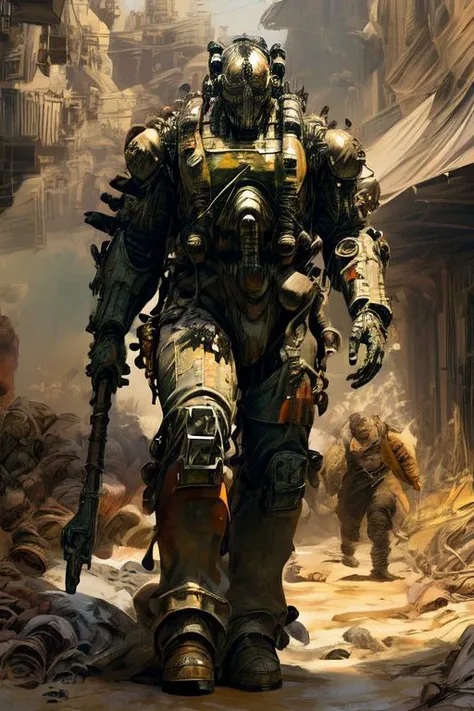 analog style, hdr, white power armor,  battle damage, chipped, rust stains. holding Warhammer, madmax Melee weapon. looking at viewer, walking, outside, ruins, washington dc, sunny,  foggy, dull colors, sci-fi, 
<lora:t60:.8> extremely detailed, wonderous ambiance, absurdres, elden ring style,