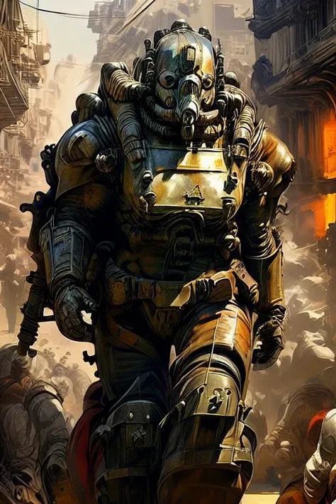 analog style, hdr, white power armor, battle damage, chipped, rust stains. holding madmax style sledgehammer. looking at viewer, walking, outside, ruins, washington dc, sunny, foggy, dull colors, sci-fi,
<lora:t60:.8> extremely detailed, wonderous ambiance, absurdres, elden ring style,