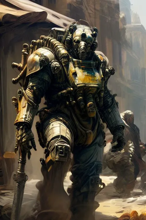 analog style, hdr, white power armor,  battle damage, chipped, rust stains. holding Warhammer, madmax Melee weapon. looking at viewer, walking, outside, ruins, washington dc, sunny,  foggy, dull colors, sci-fi, 
<lora:t60:.8> extremely detailed, wonderous ambiance, absurdres, elden ring style,