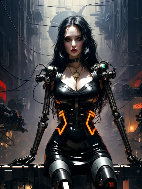 cyberpunk style, (SFW:1.331), solo, 1woman, android woman, sexy, mature, milf, lewd face, face away, looking down, (mechanical joints, mechanical parts, mechanical arms, mechanical legs:1.3), Morticia_Addams (The_Addams_Family), sitting in a castle room with neon screen wall, 
perfect slim body, (extremely pale skin),
(black long tight latex dress:1.3), neon fine lines glowing on dress, BREAK 
wearing a glowing hellraiser puzzle box necklace, 
black long straight hair, parted lips, (gothic makeup:1.1), wires and cables are connect to body,
indoors, high-tech cyberpunk style castle background,
(unreal engine), ray tracing, dynamic light, godrays, reflections, from below angle, 
hyper detailed, high quality, <lora:more_details:0.6> <lora:br_max:0.2> <lora:hellraiserpuzzlebox:1>, neon, dystopian, futuristic, digital, vibrant, detailed, high contrast, reminiscent of cyberpunk genre