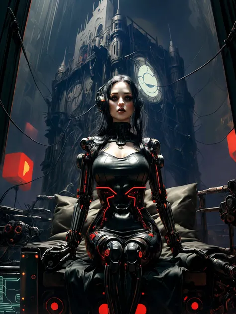 cybernetic robot (SFW:1.331), solo, 1girl, android girl, mature, milf, lewd face, (mechanical joints, mechanical parts, mechanical arms, mechanical legs:1.3), Morticia_Addams (The_Addams_Family), (sitting in a castle room with neon screen wall:1.3),
perfect slim body, (extremely pale skin),
(black long tight latex dress:1.4), (neon fine lines glowing on dress:1.3), BREAK
black long straight hair, parted lips, (gothic makeup:1.1), wires and cables are connect to body,
indoors, high-tech cyberpunk style castle background,
(unreal engine), ray tracing, dynamic light, godrays, reflections, fisheye view, from below angle, 
hyper detailed, high quality, <lora:more_details:0.8> <lora:br_max:0.2> <lora:hellraiserpuzzlebox:1>, android, AI, machine, metal, wires, tech, futuristic, highly detailed