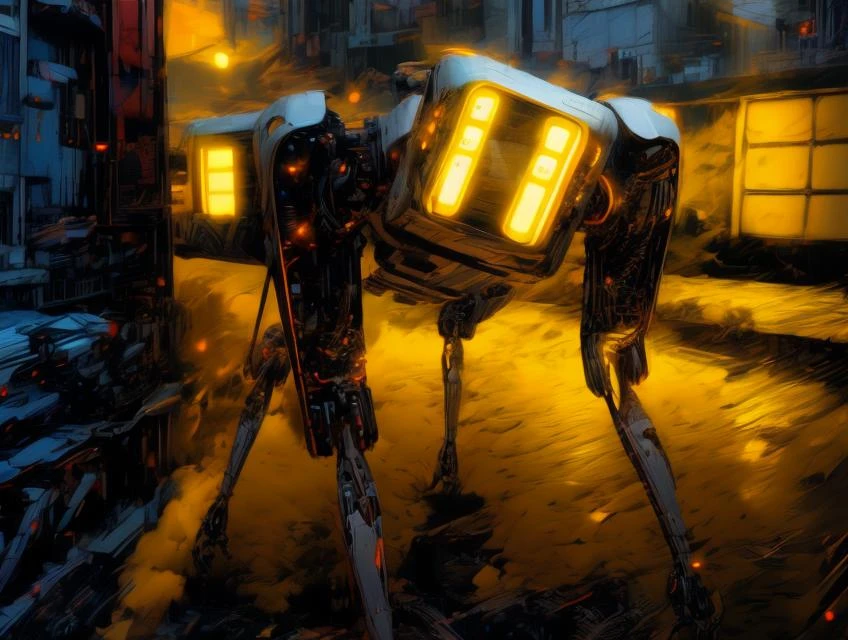 cybernetic robot cyberpunk style, full body, solo, reelmech, hightech_robotics, yellow Boston Dynamics, crawling on all fours on the busy cyberpunk 2077 nano district, nanotechnology labs, self-replicating nanobots, molecular assembly plants, microscopic wonders , (english words 'DOGMEAT' printed on the body:1.3), android-seams, wires, cables, led glowing, r1ge, neon sign, Glitching, glitch, dynamic_shadow, Fish-Eye Lens angle, from above shot, outdoor, building, dystopian, futuristic, digital, vibrant, detailed, high contrast, reminiscent of cyberpunk genre, android, AI, machine, metal, tech, highly detailed <lora:robot-seams:0.8> <lora:Glitching:0.4> <lora:r1ge - AnimeRage:0.8> <lora:reelmech1v2:0.6> <lora:UIAxg1.0:1> <lora:more_details:0.6>