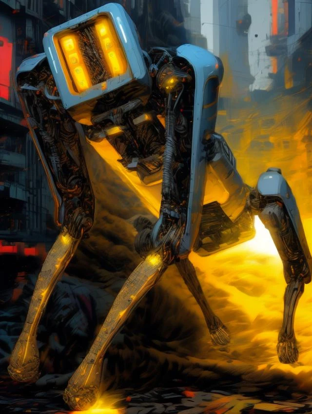 cybernetic robot cyberpunk style, full body, solo, reelmech, hightech_robotics, yellow Boston Dynamics, crawling on all fours on the busy cyberpunk 2077 nano district, nanotechnology labs, self-replicating nanobots, molecular assembly plants, microscopic wonders , (english words 'DOGMEAT' printed on the body:1.3), android-seams, wires, cables, led glowing, r1ge, neon sign, Glitching, glitch, dynamic_shadow, Fish-Eye Lens angle, from above shot, outdoor, building, dystopian, futuristic, digital, vibrant, detailed, high contrast, reminiscent of cyberpunk genre, android, AI, machine, metal, tech, highly detailed <lora:robot-seams:0.8> <lora:Glitching:0.4> <lora:r1ge - AnimeRage:0.8> <lora:reelmech1v2:0.6> <lora:UIAxg1.0:1> <lora:more_details:0.6>