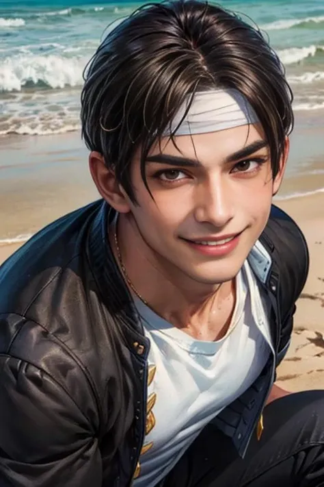 orochikyo, 1guy, solo, black jacket, fingerless gloves, white t-shirt, headband, black pants, medium shot, brown eyes, portrait, , handsome, smiling, charming, masterpiece, highres, detailed face,detailed eyes, smirk, at the beach <lora:ClassicKyo-000003:1>
