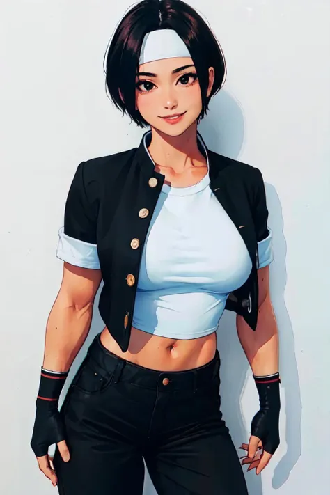 <lora:ClassicKyo:0.85>orochikyo, (short sleeves black jacket),black pants,fingerless gloves,white t-shirt, white headband,white shoes, large breasts, navel,
(best quality, masterpiece, RAW photo,ultra-detailed:1.2), <lyco:GoodHands-beta2:1.0>,1girl,solo,looking at viewer,smile