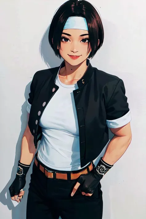 <lora:ClassicKyo:0.85>orochikyo, (short sleeves black jacket),black pants,fingerless gloves,white t-shirt, white headband,white shoes,
(best quality, masterpiece, RAW photo,ultra-detailed:1.2), <lyco:GoodHands-beta2:1.0>,1girl,solo,looking at viewer,smile