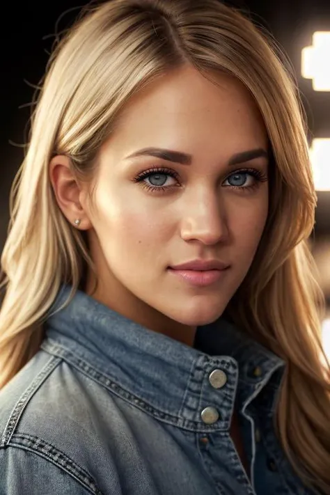 Carrie Underwood ((Wearing a sweater and distressed jeans)), ((at a night club)), model shoot style, extremely intricate, High Detail, Sharp focus, dramatic, soft cinematic light, (looking at viewer), (Real Eyes), (Detailed Eye Corneas) (detailed pupils), smiling, 24mm, photo lab, elegant, insane details, hyperdetailed, low contrast, epiCRealism, (((Safe For Work)))