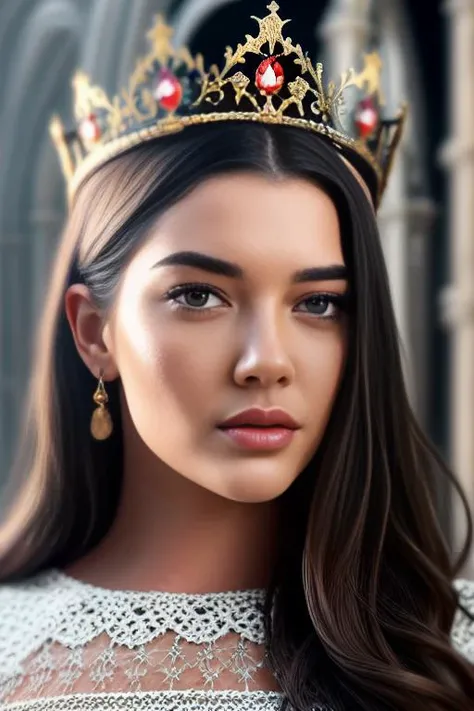 aprilnott as a medieval princess stganding in front of a castle, princess robe, crown, masterpiece, best quality, highest quality, cinematic lighting, (volumetric lighting), extremely detailed CG unity 8k wallpaper, focused, 8k wallpaper, 4k wallpaper, extremely detailed, ultra realistic, photorealistic, sharp focus, absurdres, (HDR:1.2), (high contrast), photograph, detailed and intricate, instagram, portrait, highly detailed, digital painting, artstation, concept art, smooth, sharp focus, illustration, cinematic lighting, Style-Princess,