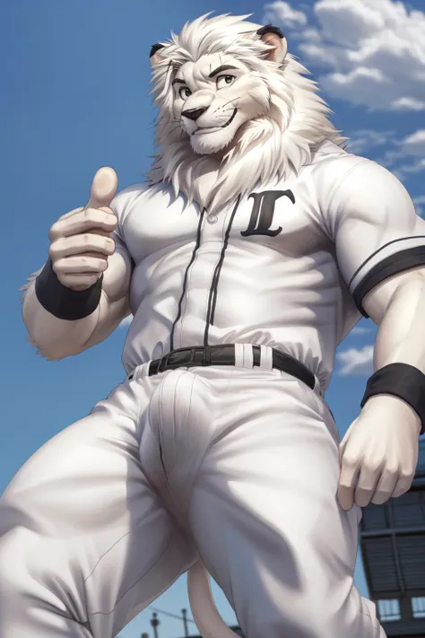 <lora:seibu_lions_Leo-08:1>, leo seibu lions, (lion tail:1.1), smile, (big eyes:1.1), white fur, white body, white mane, (pose:1.3), (posing:1.3), (soft shading), 4k, hi res, ((detailed face, (black eyes), detailed)), by zackarry911, by zaush, (by personalami:0.5), male focus, thighs, smug, penis, pants, uncensored, feet out of frame, scar, thick thighs, erection, from below, testicles, bulge, white pants, baseball uniform,