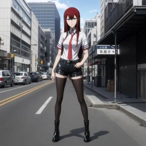 <lora:KurisuMakise001:0.6>,<lora:add_detail:0.5>,
KurisuMakise,1girl,solo,
long hair,
red hair,
blue eyes,
collared shirt,red necktie,
black shorts,
black pantyhose,
black footwear,boots,
