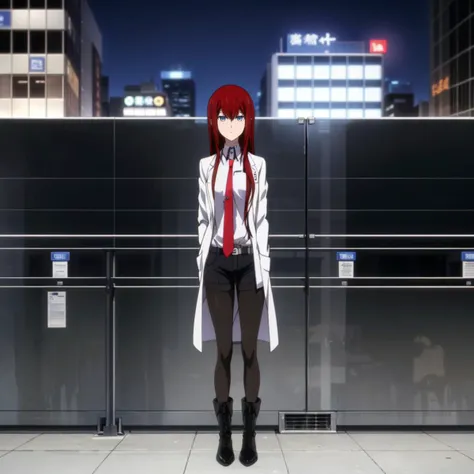 <lora:KurisuMakise001:0.6>,<lora:add_detail:0.5>,
KurisuMakise,1girl,solo,
long hair,
red hair,
blue eyes,
labcoat,
collared shirt,red necktie,
black shorts,
black pantyhose,
black footwear,boots,city,