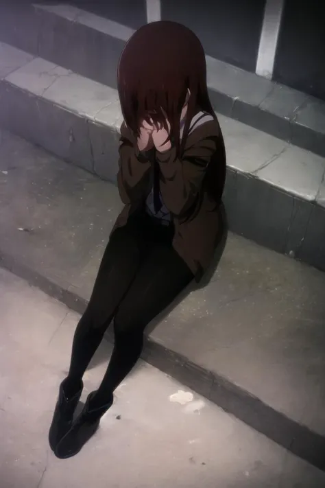 (masterpiece, best quality, ultra detailed), super fine concept art, detailed hands,
from front, from above, dutch angle,
1girl, solo, a girl sitting on the stairs of a multi-tenant building, (dimly light stairs:1.2),
(covering face with hands:1.5), despairing, looking down,
KurisuMakise, off shoulder, brown jacket, collared shirt, red necktie, black shorts, black pantyhose, black footwear, boots, <lora:KurisuMakise001:0.7>,
<lora:exposure_control_v10:-1.0>, low-contrast, hazy air, background (bokeh), shallow depth of field,
<lora:add_detail:0.5>