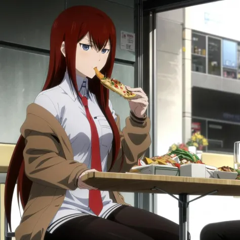 <lora:KurisuMakise001:0.7>,<lora:add_detail:0.8>,<lora:boldline:-0.8>,<lora:noline:0.3>,
KurisuMakise,1girl,solo,
off shoulder,brown jacket,collared shirt,red necktie,
black shorts,
black pantyhose,
sitting,eating,meal,