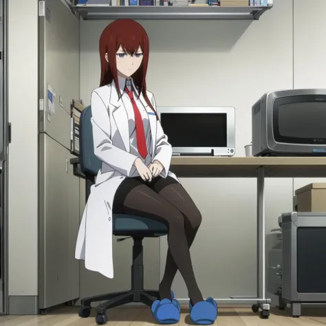 <lora:KurisuMakise001:0.7>,
KurisuMakise,1girl,solo,
labcoat,collared shirt,red necktie,
black shorts,
black pantyhose,
slippers,
indoors,chair,personal computer,microwave oven,