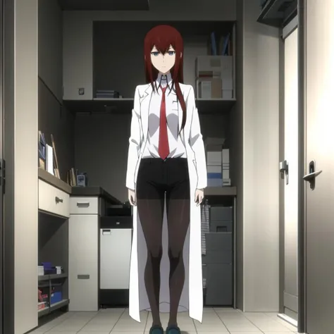 <lora:KurisuMakise001:0.7>,
KurisuMakise,1girl,solo,
labcoat,collared shirt,red necktie,
black shorts,
black pantyhose,
slippers,
indoors,
