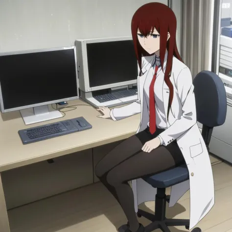 <lora:KurisuMakise001:0.7>,
KurisuMakise,1girl,solo,
labcoat,collared shirt,red necktie,
black shorts,
black pantyhose,
slippers,
indoors,chair,personal computer,