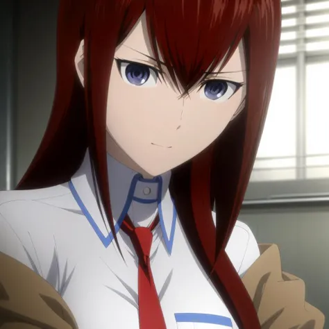 1girl,bangs, belt,chain,chained,gloves,hair between eyes,long hair,((makise kurisu,film texture,light blush)),clean_hands,reasonable posture,red hair,shirt, solo,standing,makise_kurisu, 1girl,long_hair, jacket, solo, brown_hair, looking_at_viewer, necktie, blue_eyes, red_necktie, upper_body, bangs,looking at viewer,<lora:makiv1:0.55>