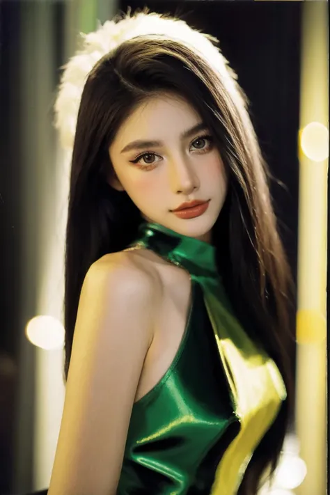a fashion portrait of a beautiful female model wearing haute couture of Corn Green, photo by diane arbus, professional medium format film, sharp focus, fall, night, colorful, abstract background, (upper body:1.4), <lora:qiu_qqq:0.9>