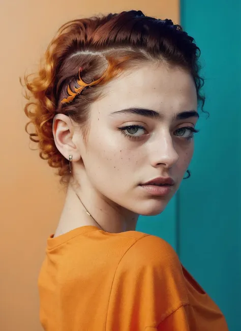 analog style, modelshoot style, portrait of sks woman by Flora Borsi, style by Flora Borsi, bold, bright colours, orange Mohawk haircut, ((Flora Borsi)), <lyco:debaHekmat:1.3>