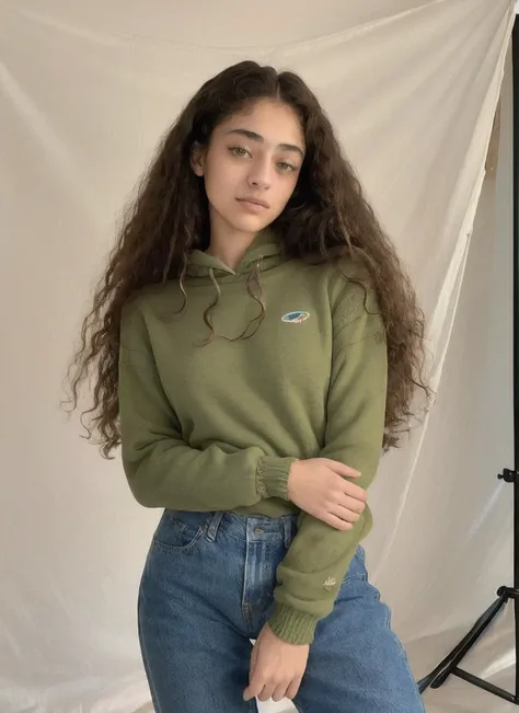 a photo of sks woman doing a modelshoot, modelshoot style, wearing green pullover, long curly brown hair, posing for the camera, Sharp, 8k, <lyco:debaHekmat:1.3>