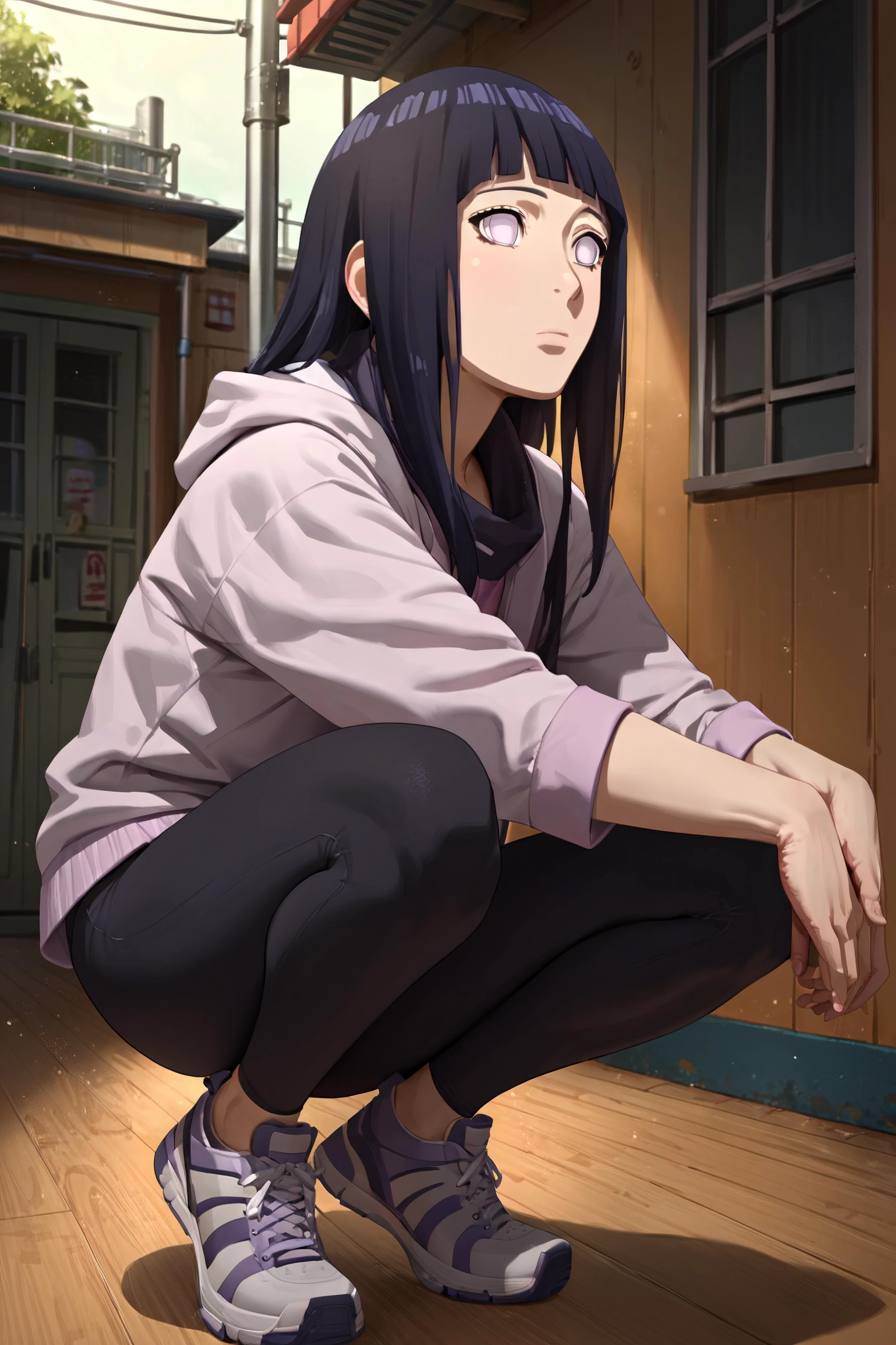 score_9, score_8_up, score_7_up, score_6_up, score_5_up, score_4_up, source_anime,1 girl ,squatting , gym <lora:Hinata_Pony_XL:1> hinata, hyuuga hinata, purple eyes, blunt bangs, black hair, white eyes, no pupils <lora:leggings_v2.6-pony:1> textured leggings , leggings