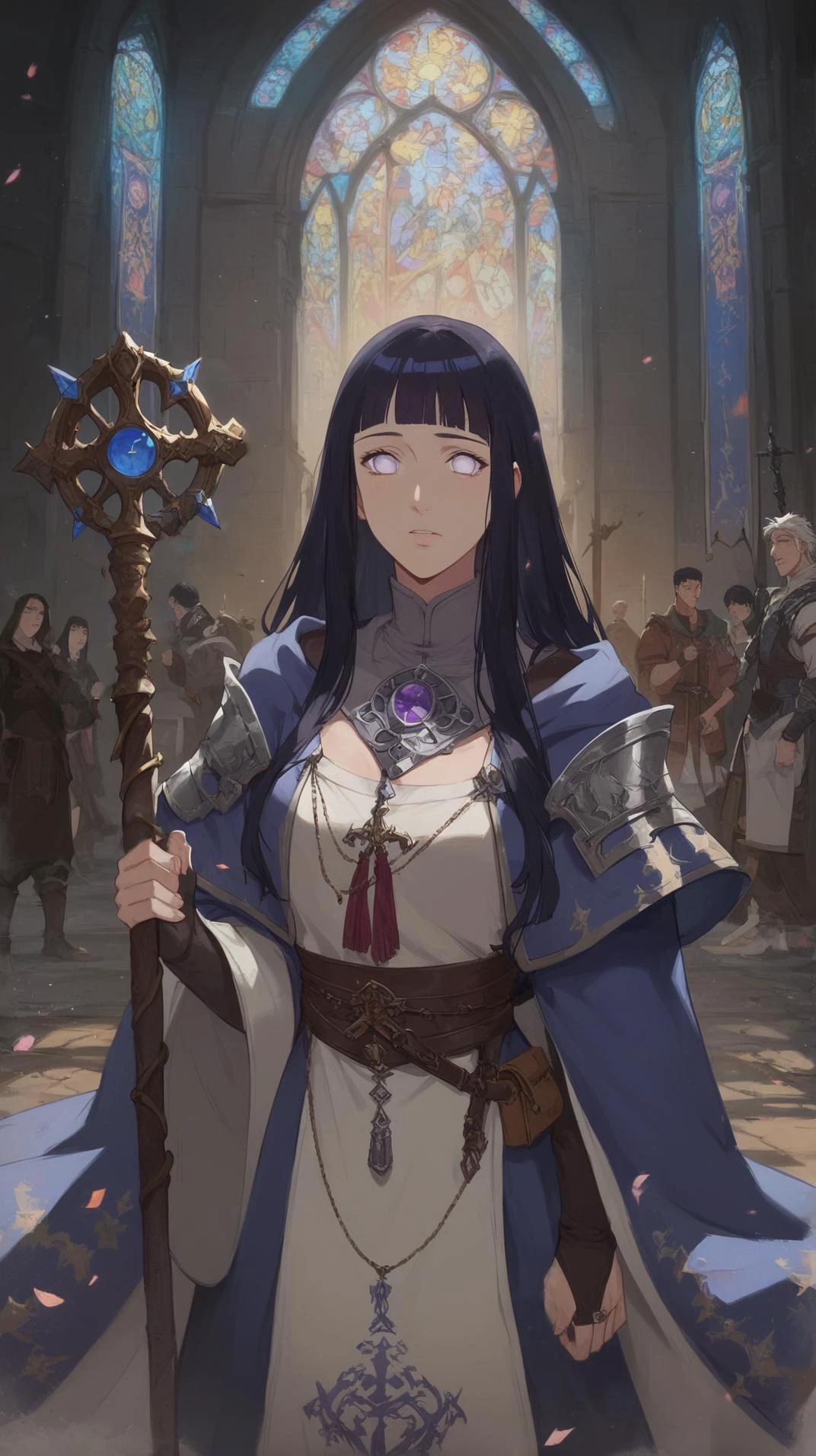 core_9, score_8_up, score_7_up, 1girl, hinata, hyuuga hinata, purple eyes, blunt bangs, black hair, white eyes, no pupils, fantasy priestess, staff, adventurer, fantasy clothes, fantasy, zPDXL, in a church, cathedral , medieval, dark fantasy themes, <lora:Hinata_Pony_XL:0.6> <lora:Concept Art Ultimatum Style LoRA_Pony XL v6:0.8> concept art, digital art