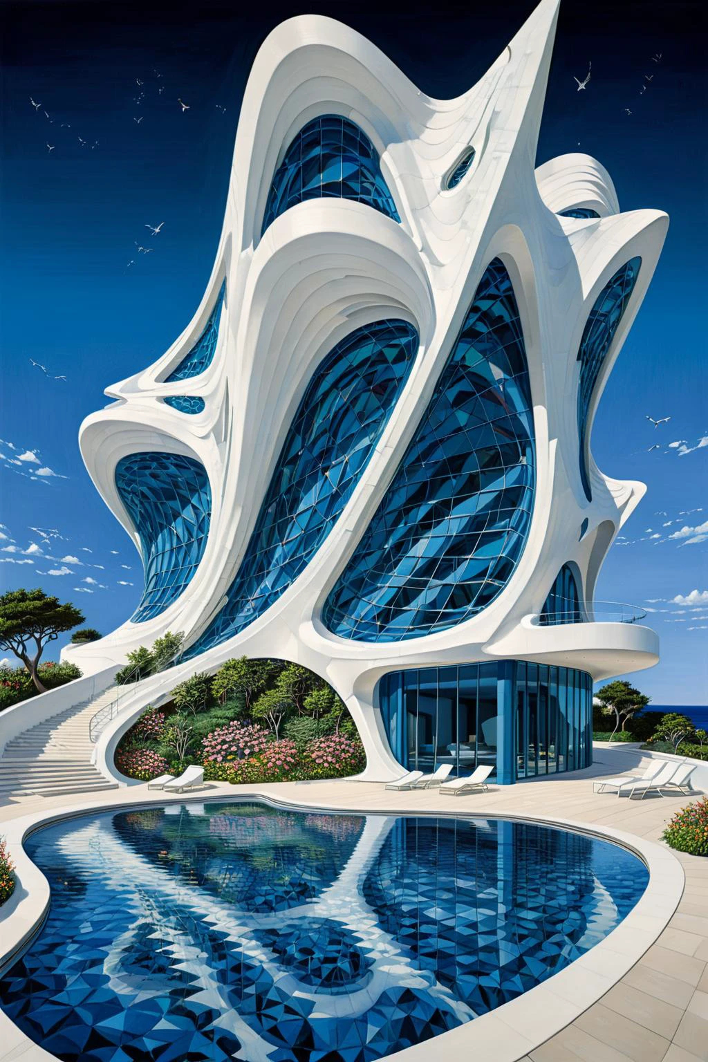 (masterpiece),best quality,8K,zsyixing,building,<lora:ZSprofiledV1.0:0.5>,SDS_Particle_Flow,<lora:sdxl_++:0.5>,
(by Zaha Hadid:1.2),A villa on a cliff by the sea,shell element,crazy curve,fresh flower,blue sky,white cloud,the sun is shining brightly,
An enigmatic nod to Escher's work:1.2,this artwork blurs the boundaries between realism:1.1 and abstraction:1.1,transforming geometric shapes:1.1 into a surreal and paradoxical landscape:1.2,art by escher,<lora:Escher_SDXL:0.7>,