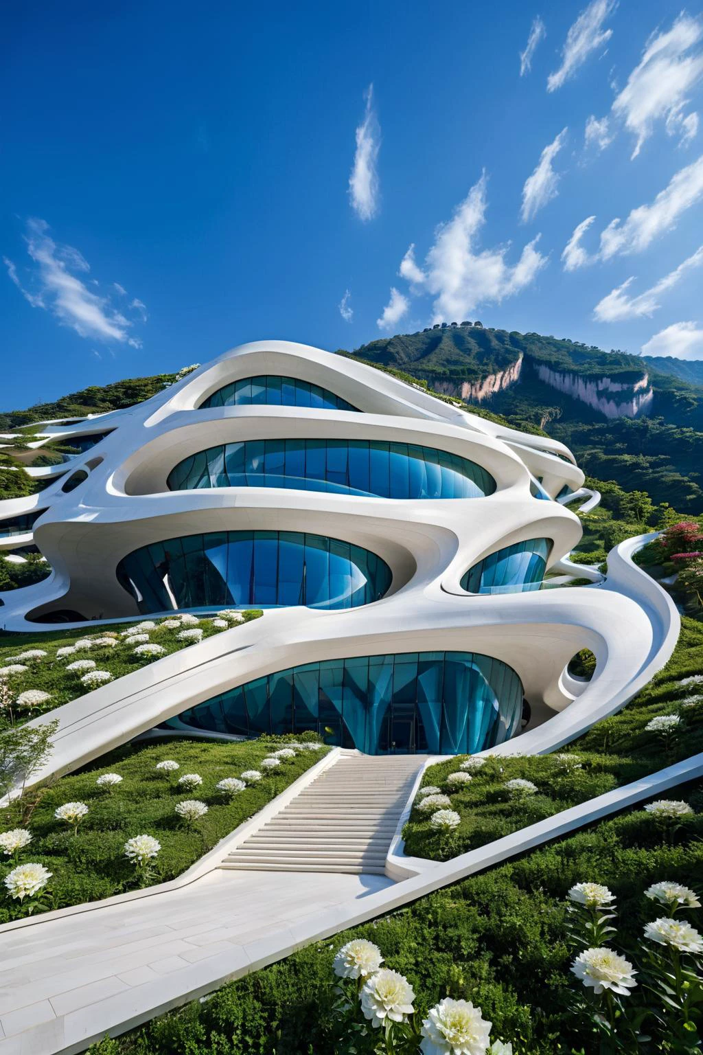 (masterpiece),best quality,8K,zsyixing,building,<lora:ZSprofiledV1.0:0.5>,SDS_Particle_Flow,<lora:sdxl_++:0.5>,
(by Zaha Hadid:1.2),a villa on a high mountain cliff,shell element,crazy curve,(the verdant mountains:1.1),(fresh flower:1.1),blue sky,white cloud,the sun is shining brightly,