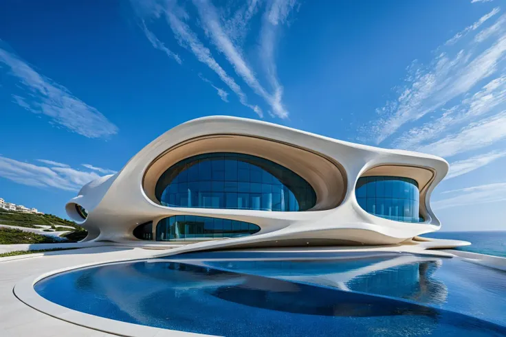 (masterpiece),best quality,8K,zsyixing,building,<lora:ZSprofiledV1.0:0.5>,SDS_Particle_Flow,<lora:sdxl_++:0.5>,scibu,<lora:scibu:0.5>,
(by Zaha Hadid:1.2),A villa on a cliff by the sea,shell element,crazy curve,fresh flower,blue sky,white cloud,the sun is shining brightly,
