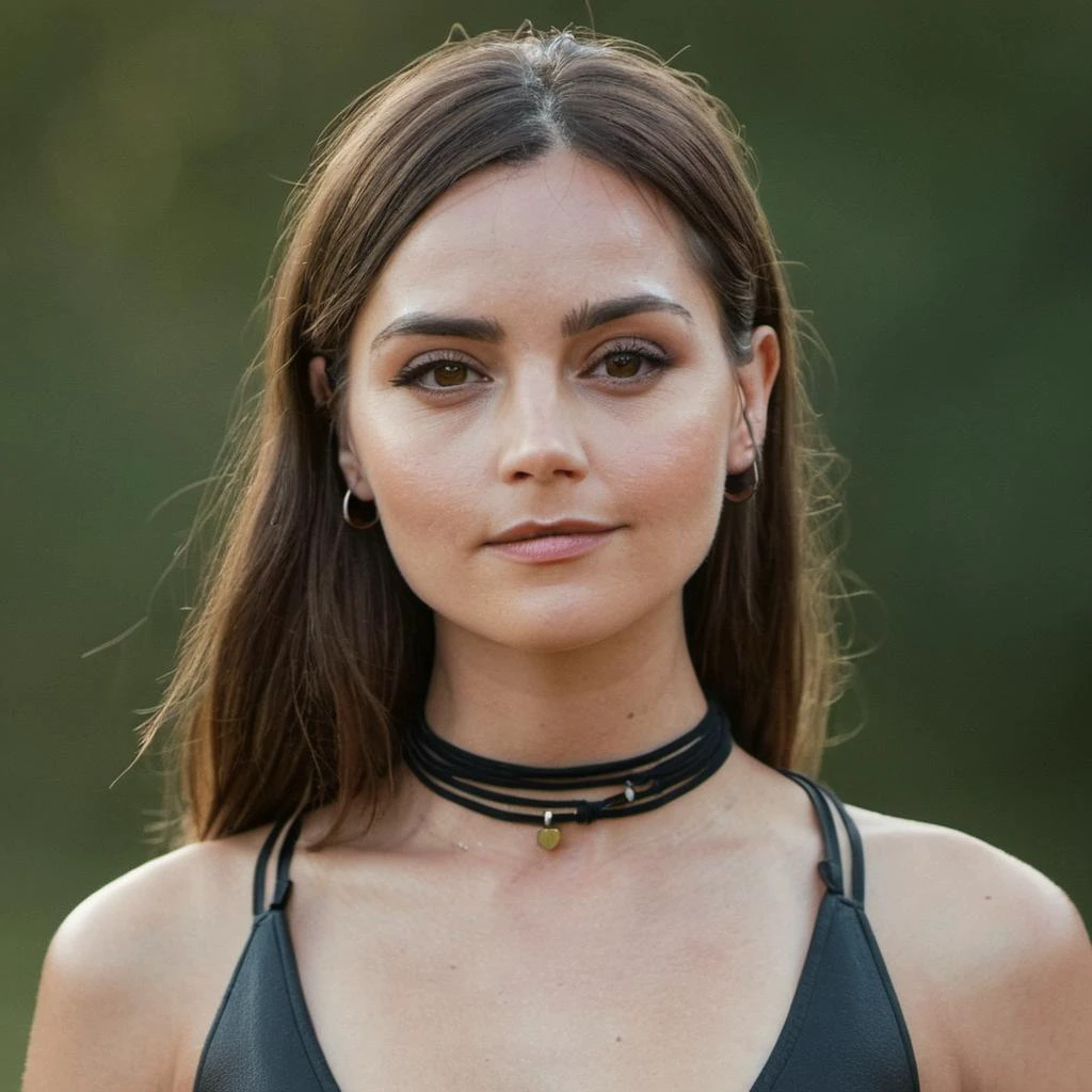 Skin texture, no makeup, Super high res closeup portrait photo of a stunning woman outdoors with straight hair, wearing a small string choker around her neck,f /2.8, Canon, 85mm,cinematic, high quality,looking at the viewer, jenxcoleman, <lora:jencoleman_32_small_xl_7_standard_wo_cap-merger-29_52_04_06-jenxcoleman:1>